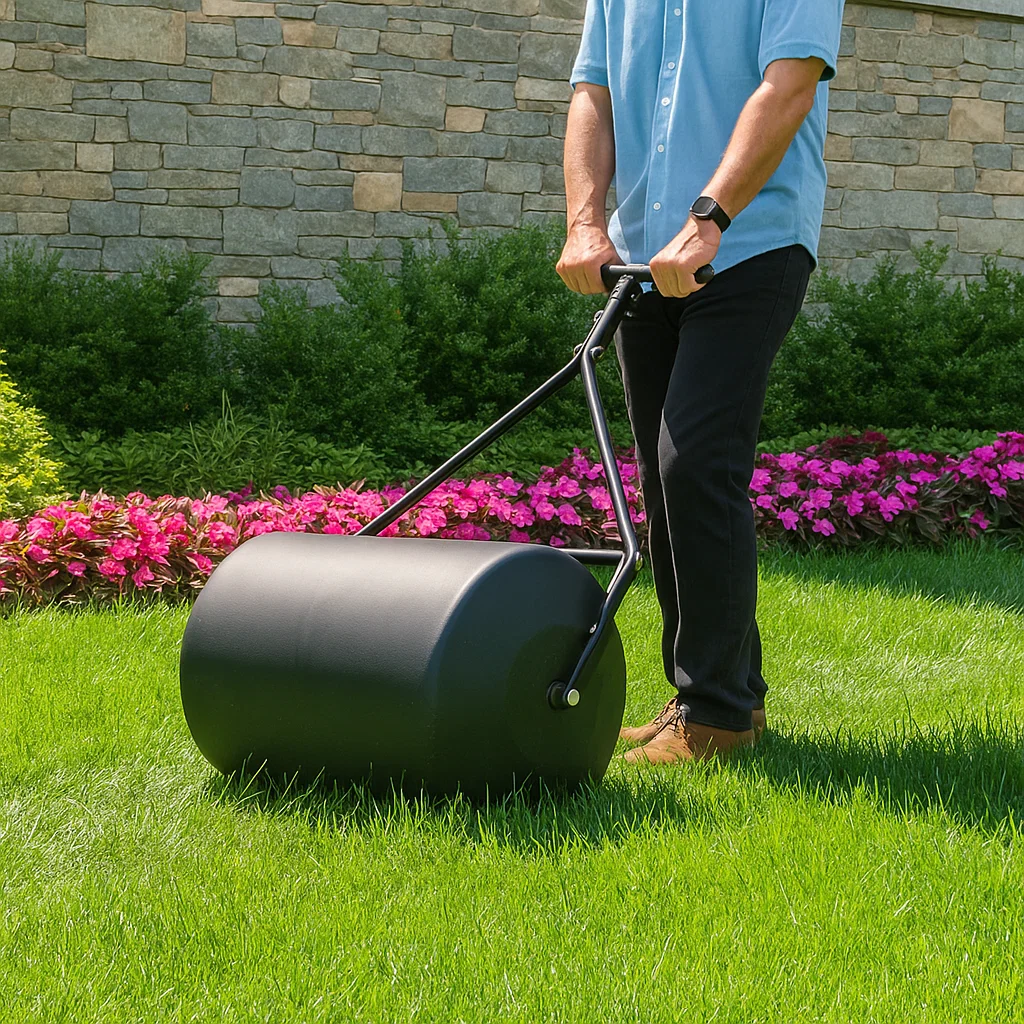 Woman pushing a black poly lawn roller across a backyard lawn.