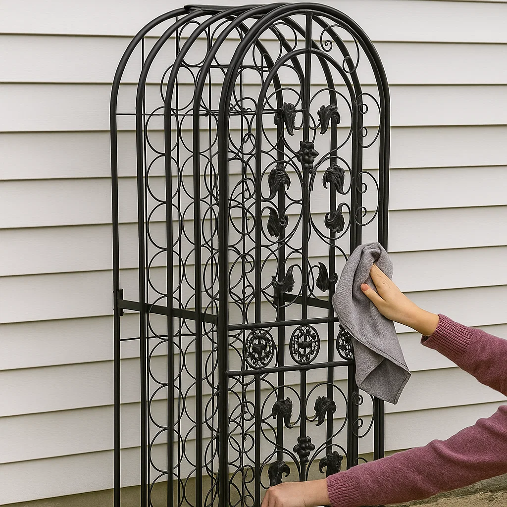 Wiping an iron wine rack with a dry cloth.
