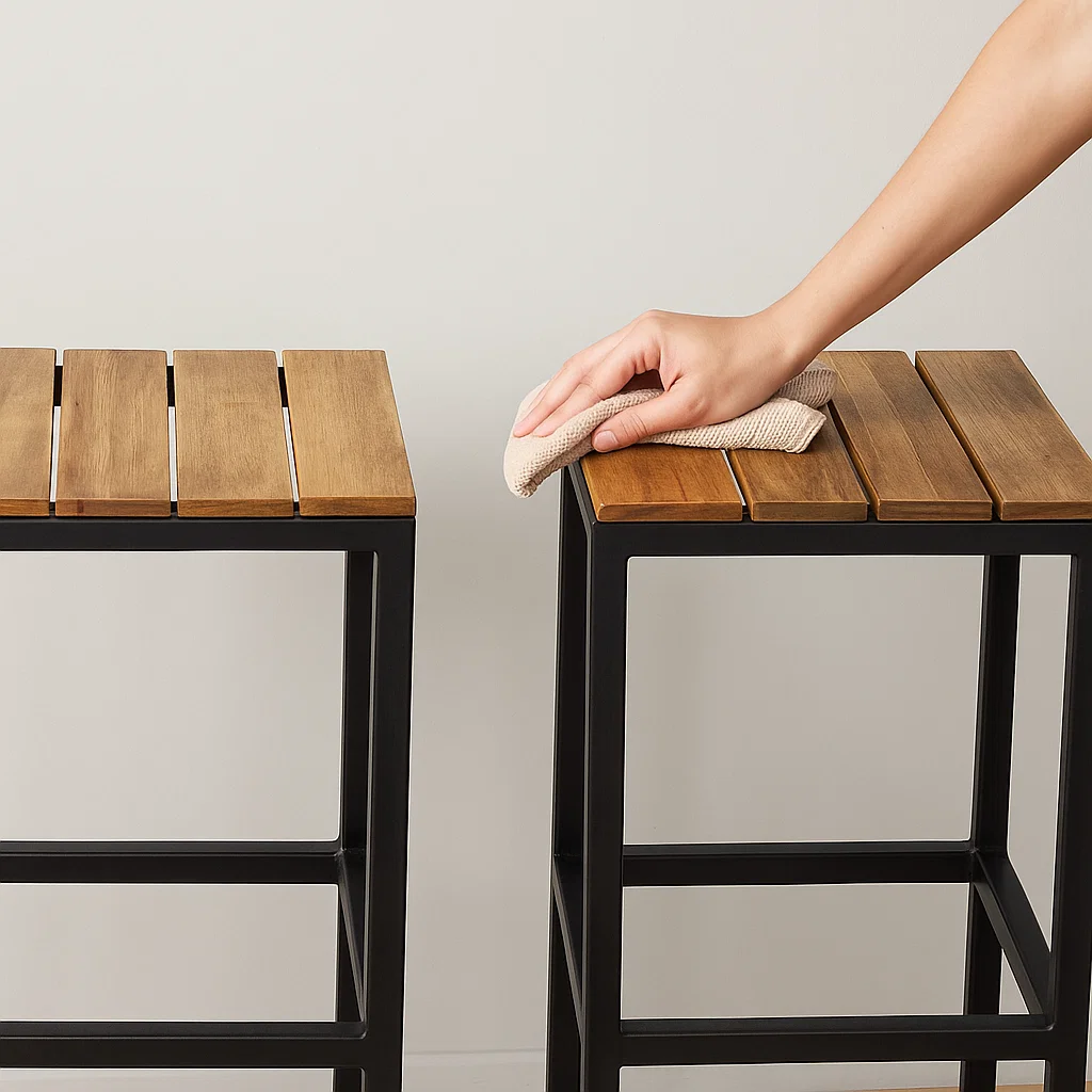 Wiping wooden stool surface with soft cloth