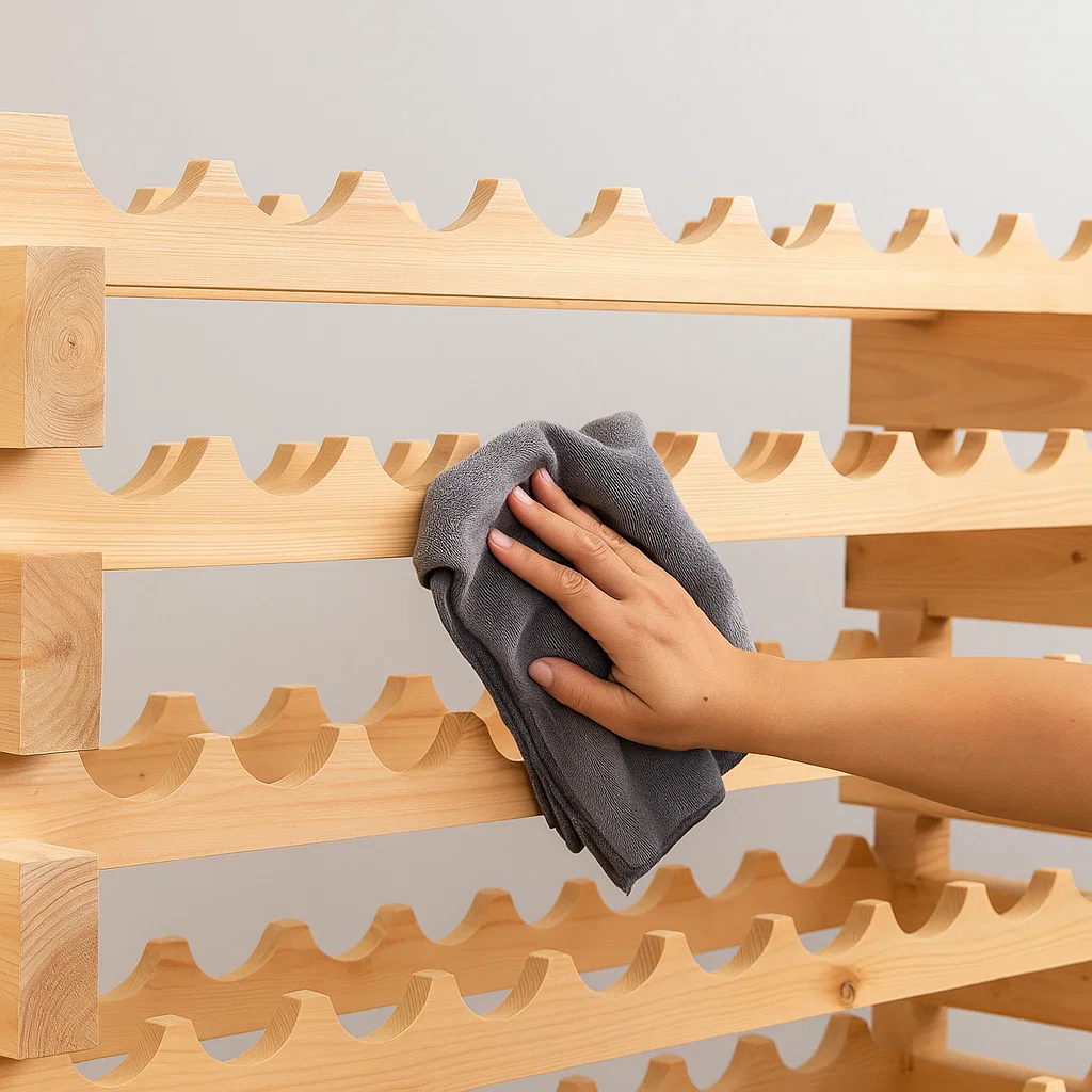 Dusting wooden wine rack with a soft cloth.