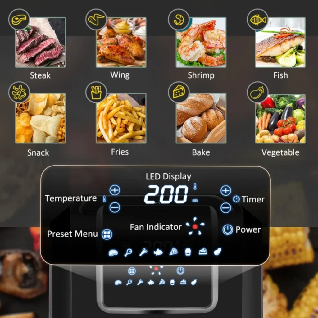 Air fryer LED display with multiple preset cooking options.