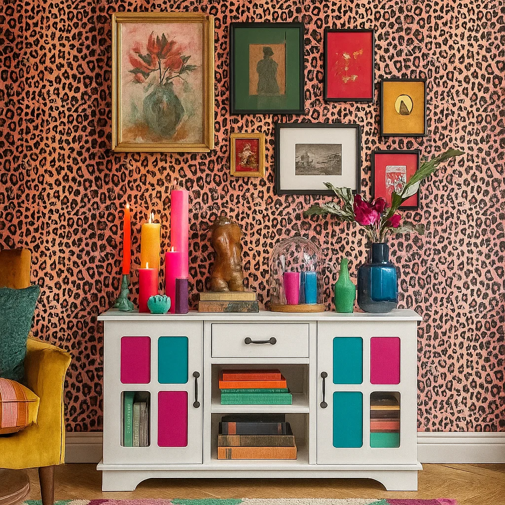 Colourful buffet cabinet against leopard print wallpaper with art, candles, books, and eclectic decor.
