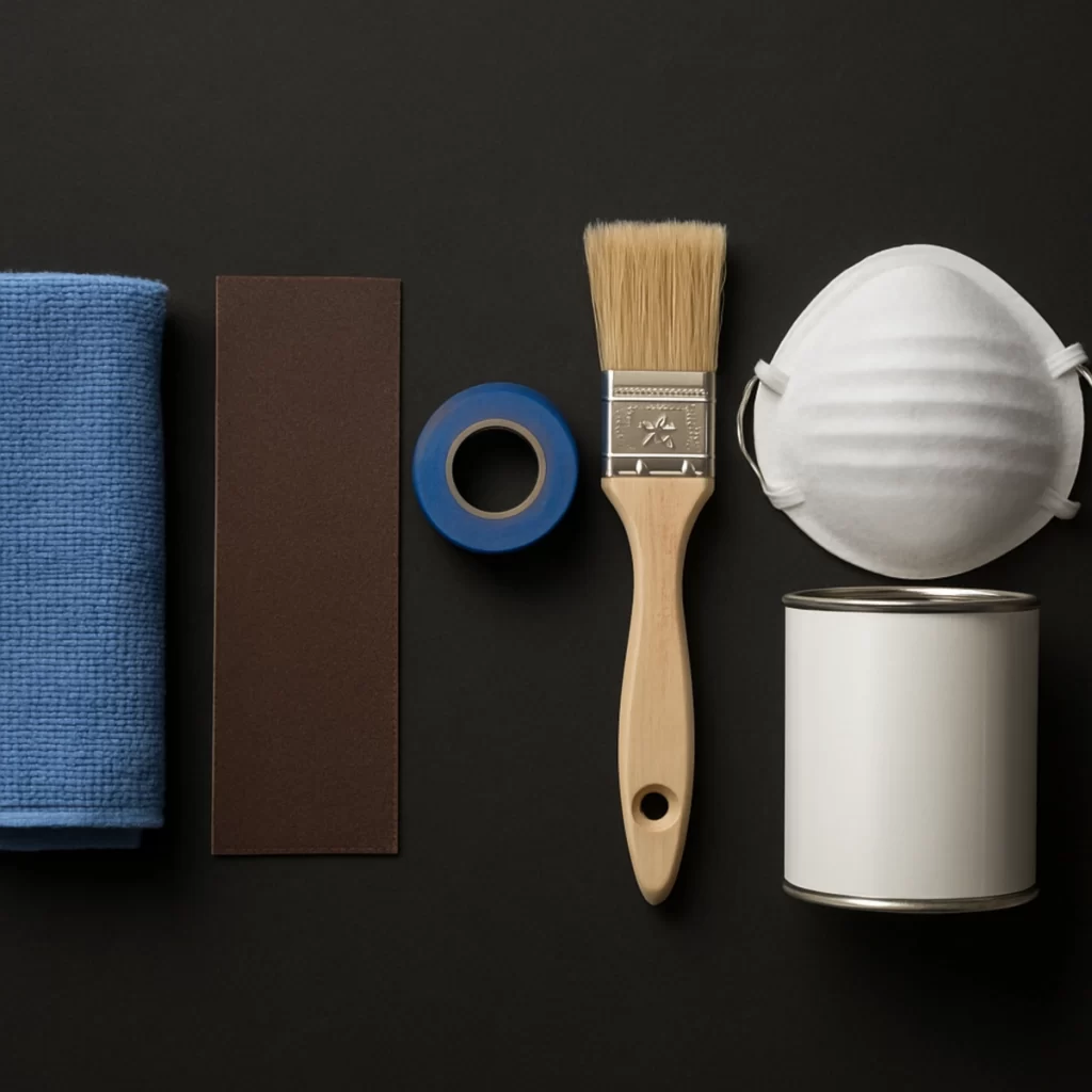 Painting supplies including cloth, sandpaper, tape, brush, mask, and paint can on black surface.
