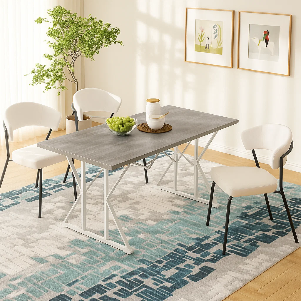 Grey rectangular dining table with four white cushioned chairs.
