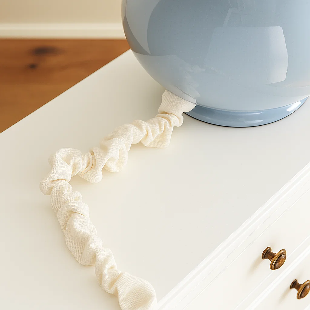 White fabric cord cover blending with blue lamp