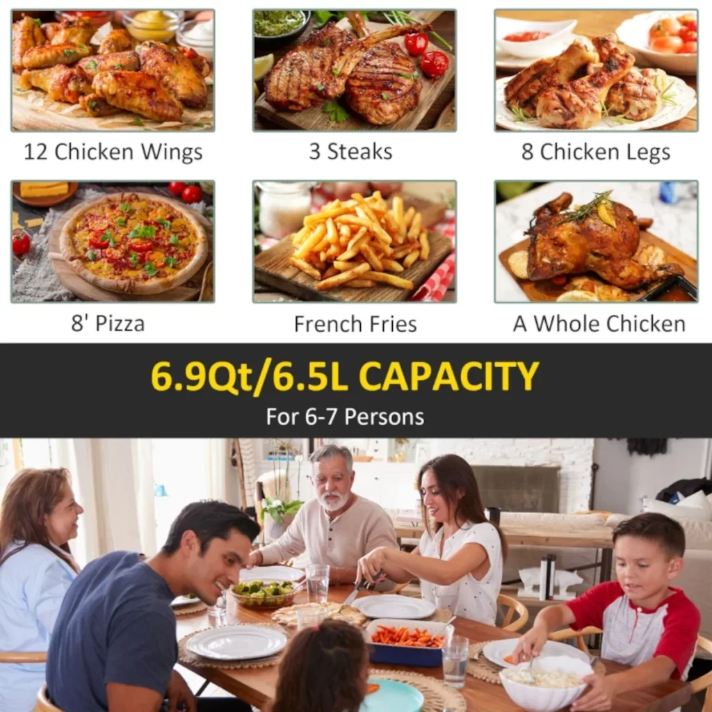 Family dining table with air fryer meals for six people.