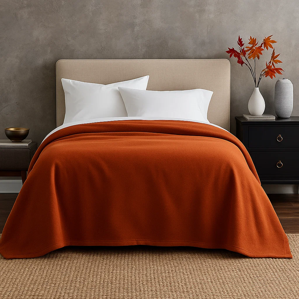 Burnt orange fleece blanket on bed with white pillows and fall decor.