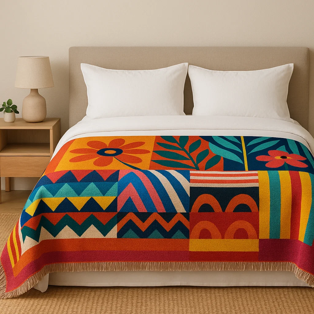 Colorful geometric blanket spread across the bed
