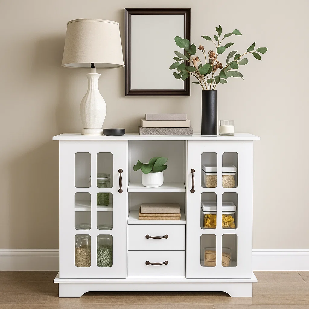 Neutral buffet cabinet styled with lamp, books, vase, and mirror using high–mid–low visual layering.

