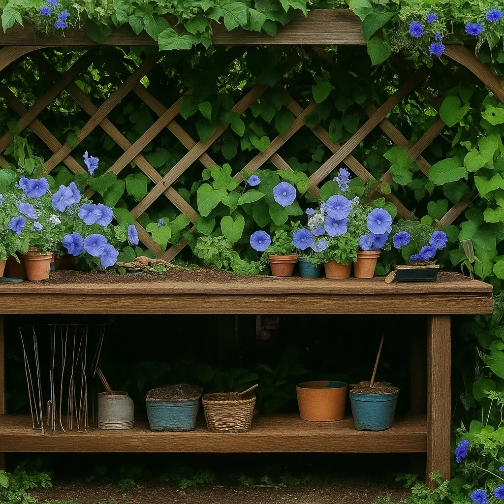 Wooden potting bench framed with lush green vines and purple flowers.