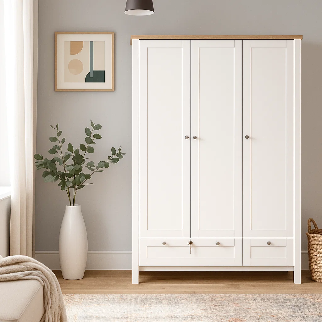 Freestanding 3-door wardrobe with storage and drawers