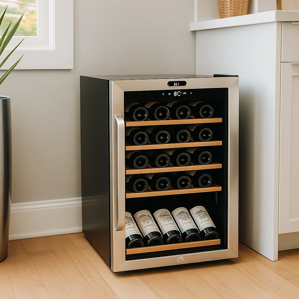 Freestanding wine fridge with wooden racks in bright room
