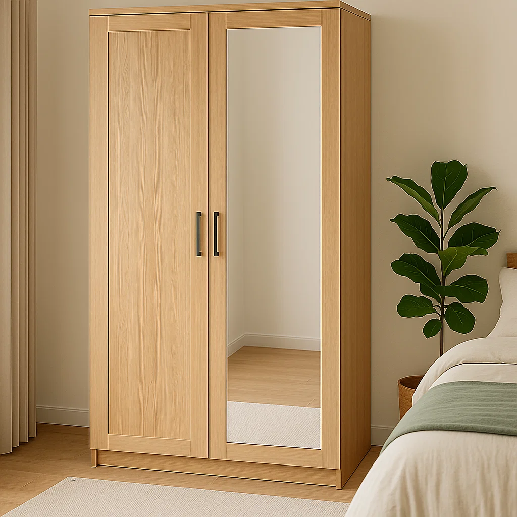 Wardrobe with full-length mirror door in bedroom corner.