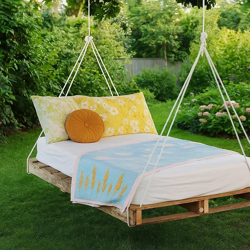 Hanging outdoor bed with colorful pillows in garden