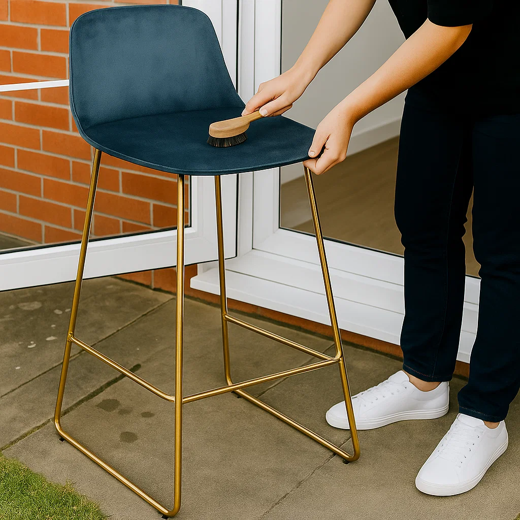 Hand brushing dust off velvet bar stool