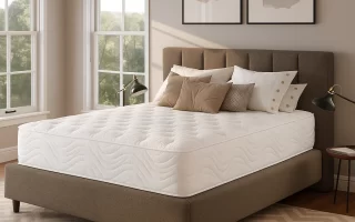 Modern bedroom with neatly made mattress and pillows