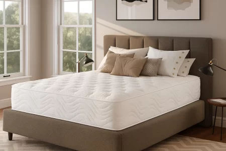 Modern bedroom with neatly made mattress and pillows
