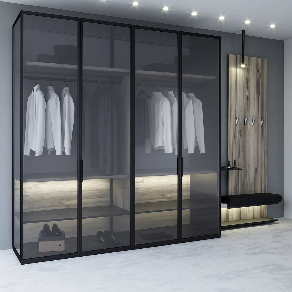 Modern glass wardrobe with sleek design and lighting