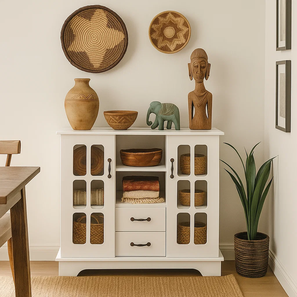 Buffet cabinet styled with global decor including woven baskets, wood sculptures, and natural pottery.
