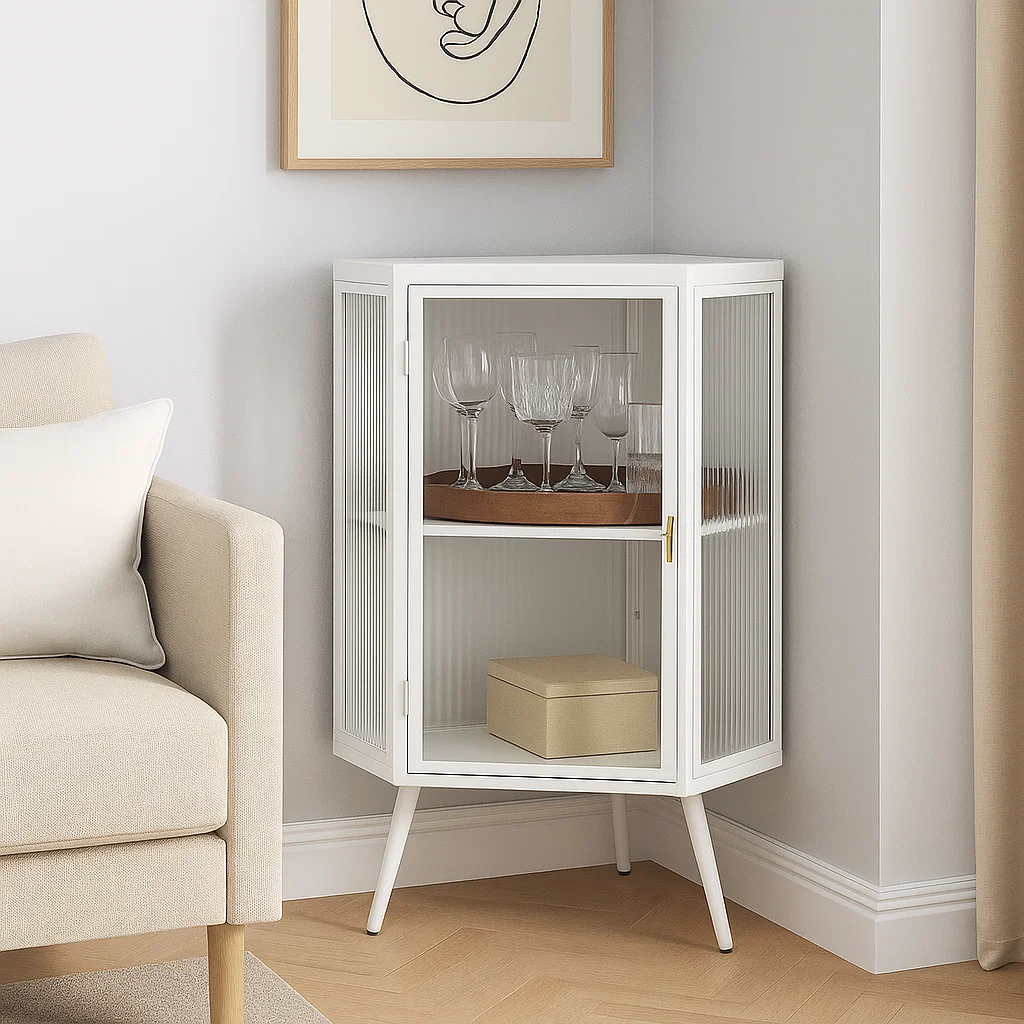 White corner cabinet with glassware and storage box.
