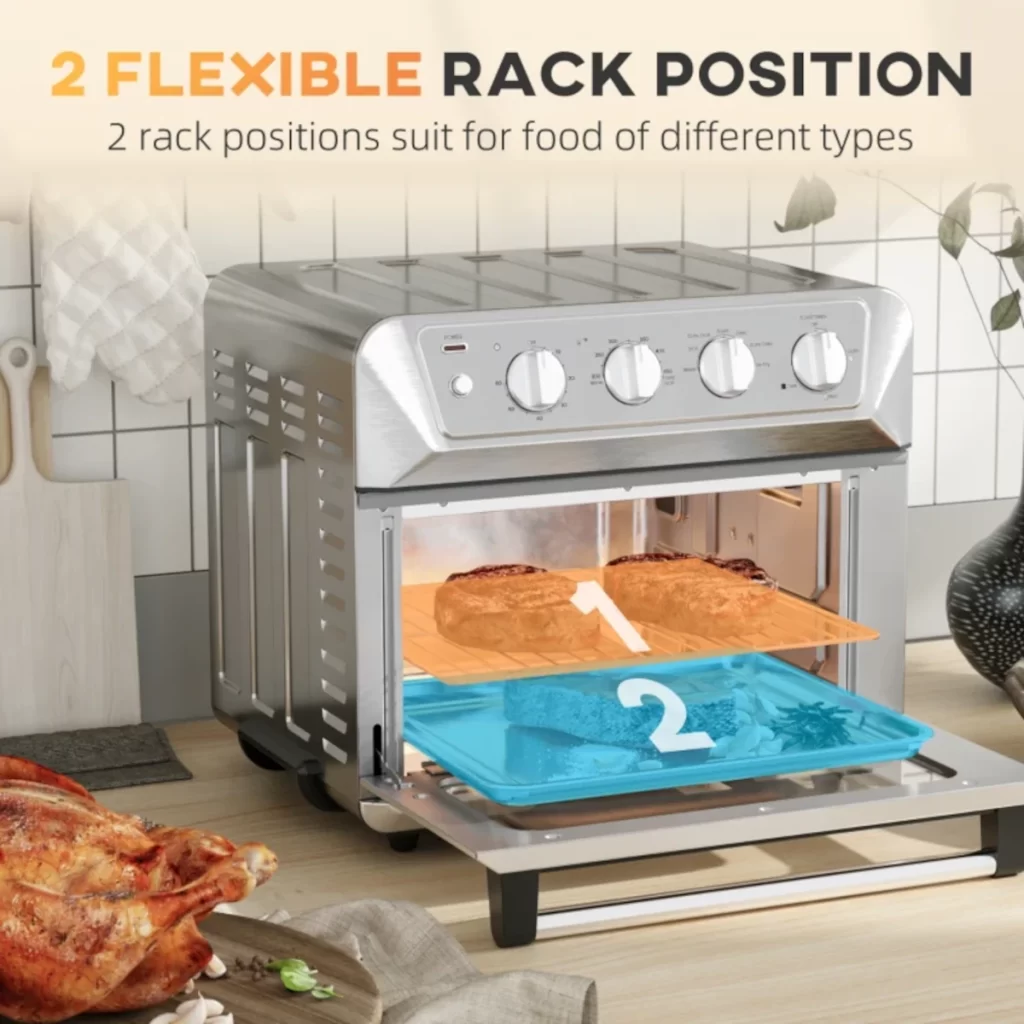 Stainless steel air fryer toaster oven with dual rack positions.