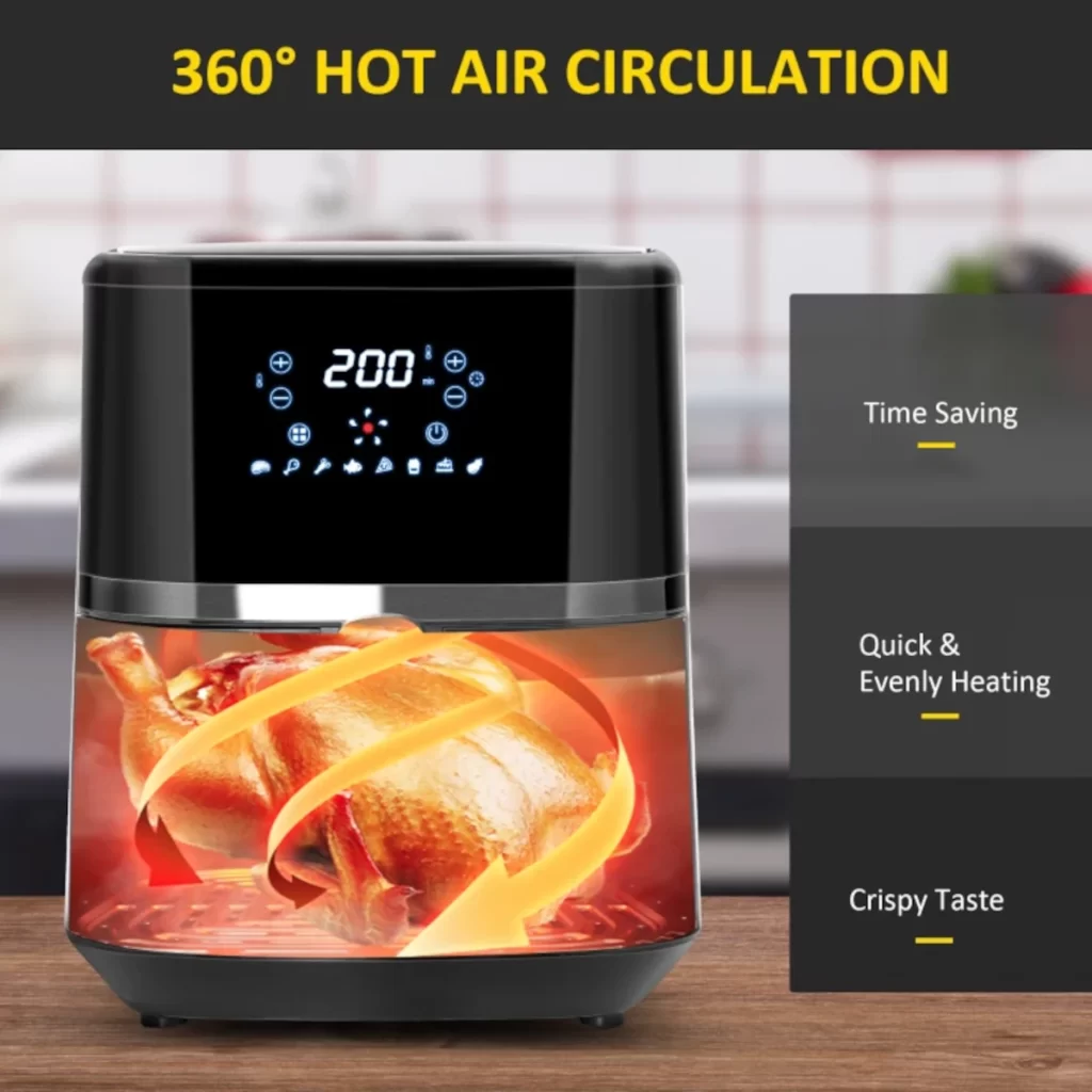 Digital air fryer with 360° hot air circulation heating.
