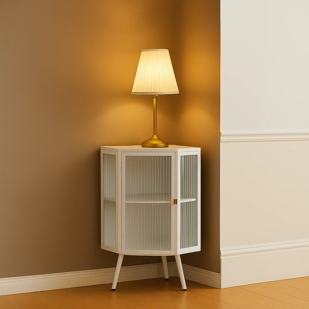 White corner cabinet with lamp in modern hallway.