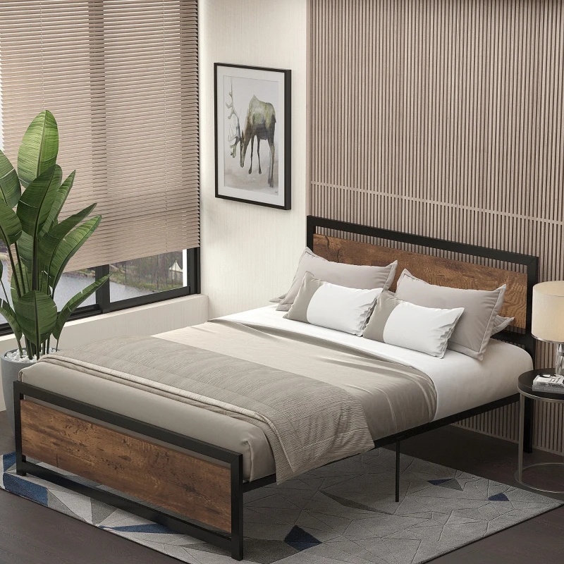 Modern metal-wood bed in bright minimalist bedroom