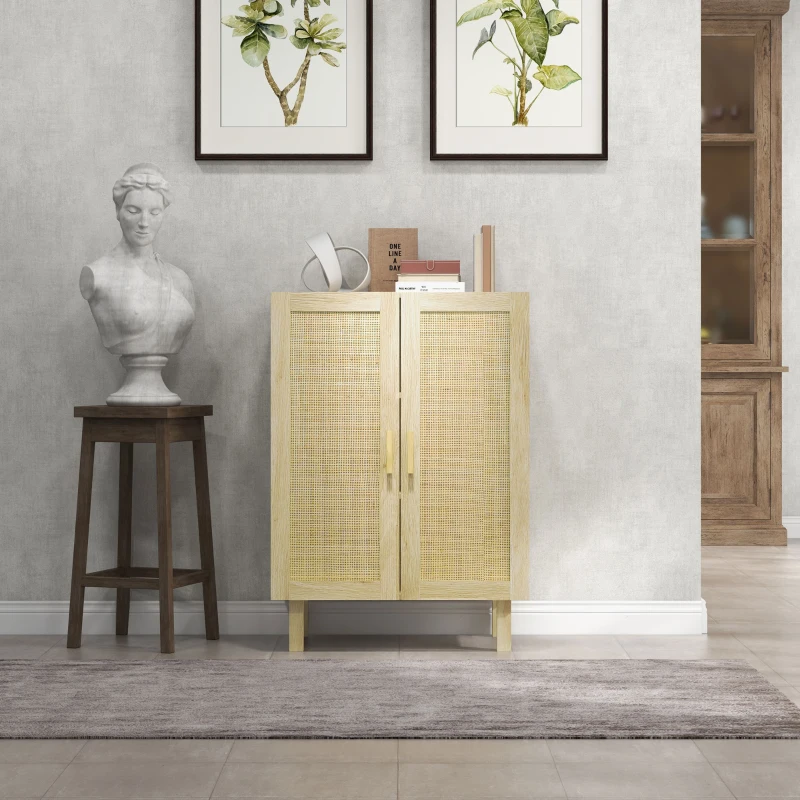 Painted wooden cabinet displayed in a styled room with wall art, bust statue, and neutral decor.
