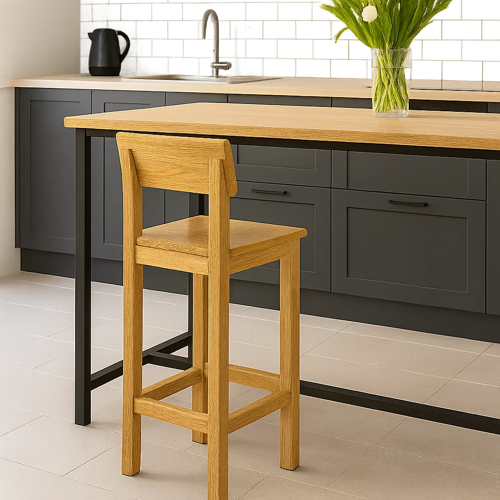 Finished natural wood bar stool beside a kitchen island.