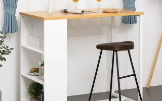 Wooden bar stool beside modern white bar table with shelves