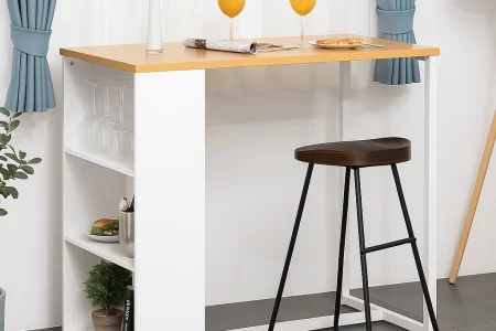 Wooden bar stool beside modern white bar table with shelves