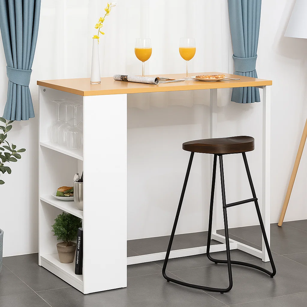 Wooden bar stool beside modern white bar table with shelves