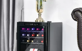 Black compact wine cooler with mixed wine bottles inside