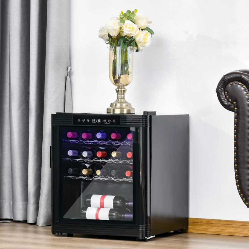 Black compact wine cooler with mixed wine bottles inside