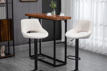Modern white bar stools near wooden table indoors