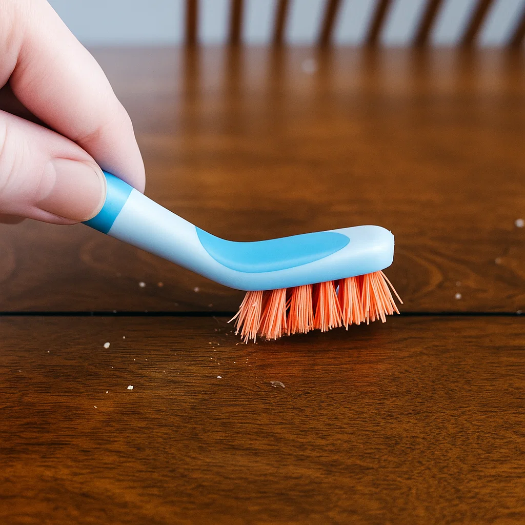 Soft brush cleaning crumbs from wood table grooves for detailed maintenance.
