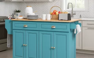 Fully styled teal kitchen island with breakfast setup