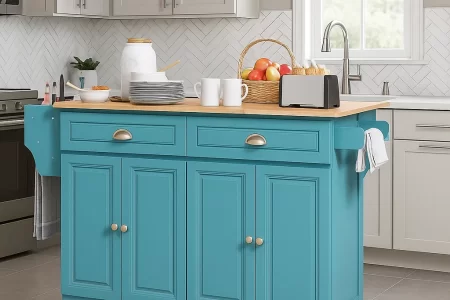 Fully styled teal kitchen island with breakfast setup