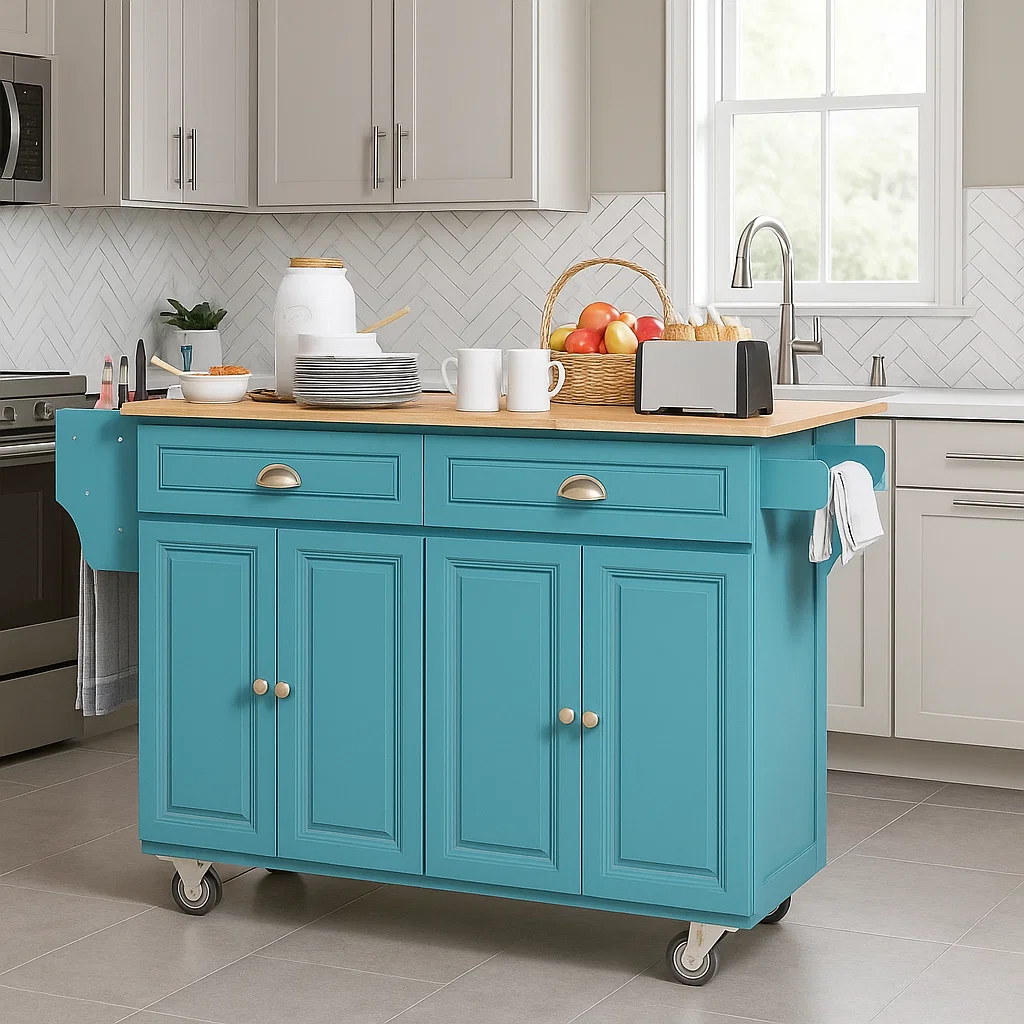 Fully styled teal kitchen island with breakfast setup
