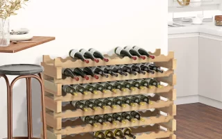Wooden wine rack holding various wine bottles.