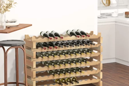 Wooden wine rack holding various wine bottles.