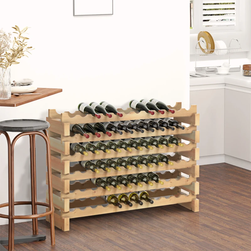 Wooden wine rack holding various wine bottles.