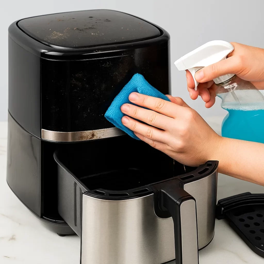 Person wiping greasy air fryer surface with cloth and spray cleaner during cleaning.