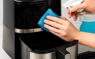 Person wiping greasy air fryer surface with cloth and spray cleaner during cleaning.