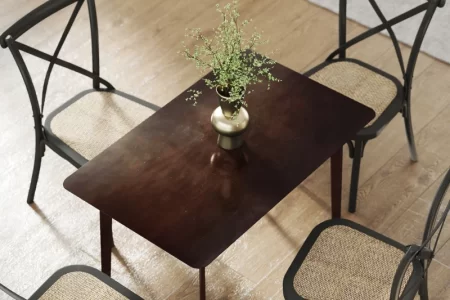 Overhead view of dining table with four chairs and green plant vase.