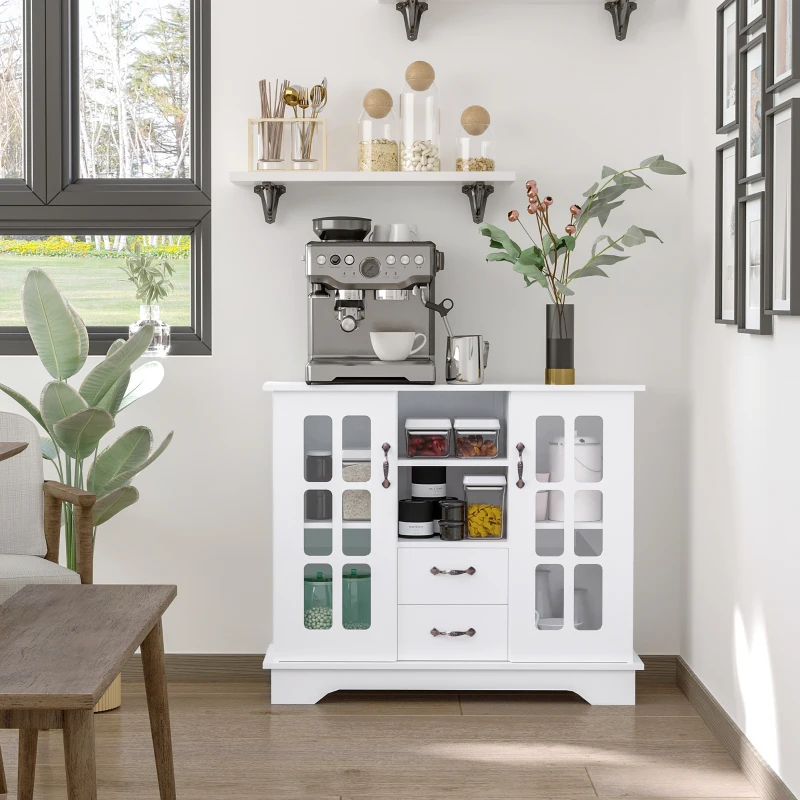 Buffet cabinet under art prints, styled with greenery, books, candle, and soft-toned personalized decor.
