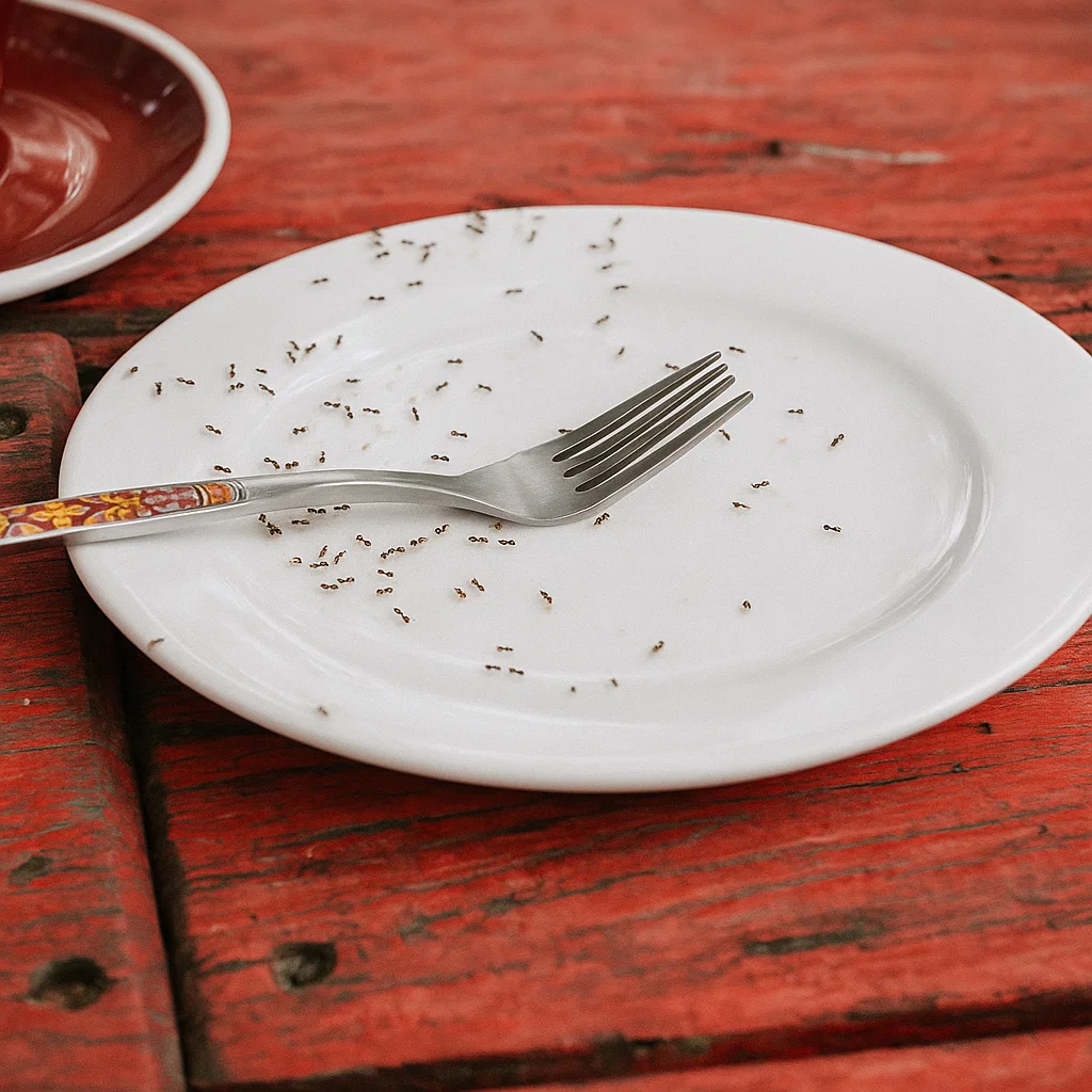Small ants crawling on white plate with fork on wooden table.