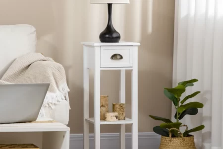 White end table with lamp and hidden cord