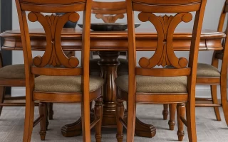 Elegant wooden dining table and chairs set displayed on a rug, ready for disassembly before moving.